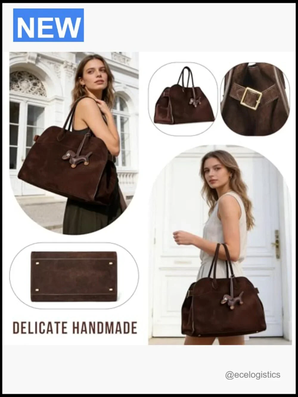 Genuine Suede Tote Bag with Puppy Charm and Card Holder